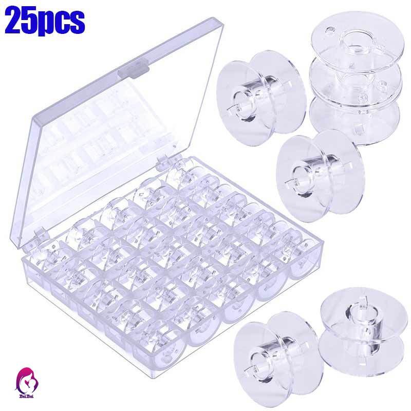 ♦♦ 25Pcs Empty Bobbins Sewing Machine Spools Clear Plastic with Case Storage Box for Brother Janome