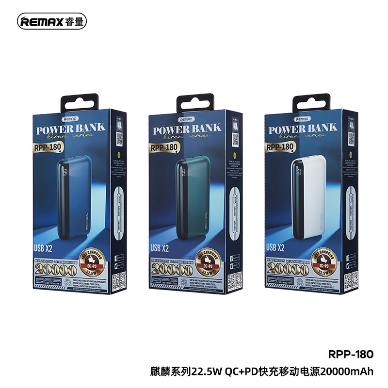 Pin sạc dự phòng Remax RPP-180 20000mAh 2 Inputs 3 Outputs, TypeC PD 20W, USB 22.5W - Nhất Tín Computer