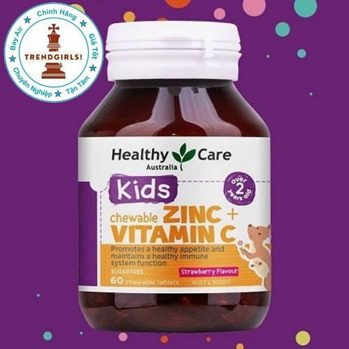 Viên nhai bố sung kẽm cho bé Healthy Care Zinc + Vitamin C 60 viên giúp trẻ tăng đề kháng hỗ trợ ăn ngon từ 2 -12 tuổi