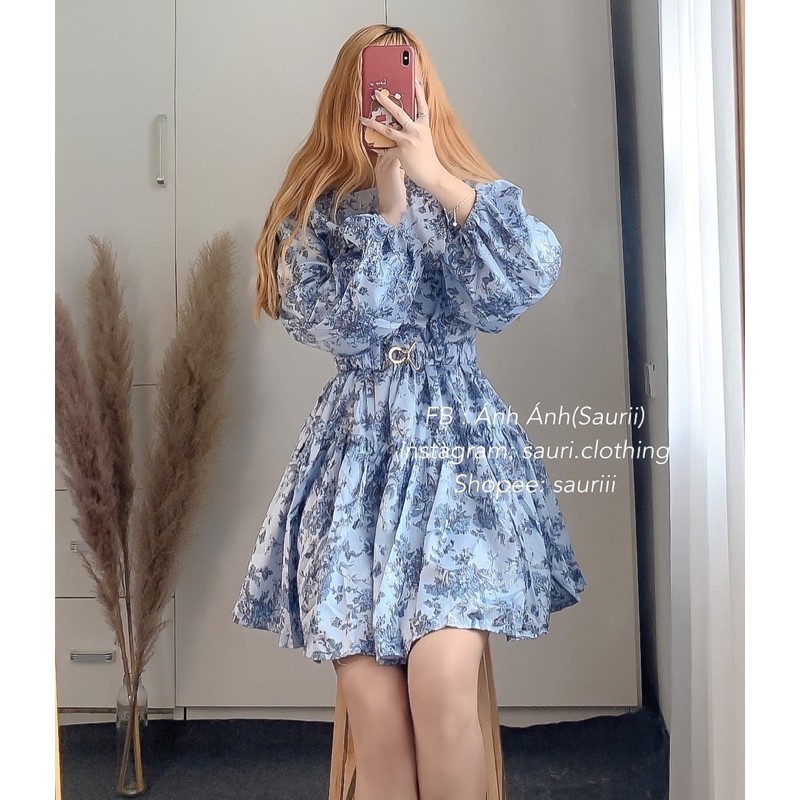 SẴNĐầm xoè hoạ tiết hoa nhí tiểu thư sang chảnh|Đầm babydoll tay phồng cổ tròn vintage xinh xắn dạo phố kèm belt