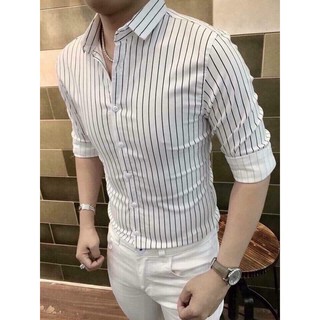Áo sơ mi nam kẻ sọc màu trắng chất lụa mềm mịn dáng ôm nhẹ dành cho nam