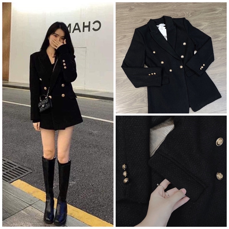 Áo vest dạ tweed vath chéo 6 cúc đồng, váy vest dài tay