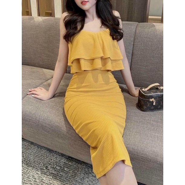 Đầm nữ thun gân hai dây xếp tầng ôm body đa dạng màu sắc (Đỏ, Xanh, Vàng, Đen)