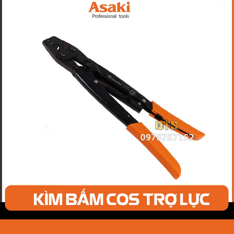 Kìm bấm cos trợ lực hãng Asaki JAPAN, kìm bấm đầu cos tròn cộng lực siêu khoẻ, siêu bền, độ chính xác cao (Kềm bấm cốt)