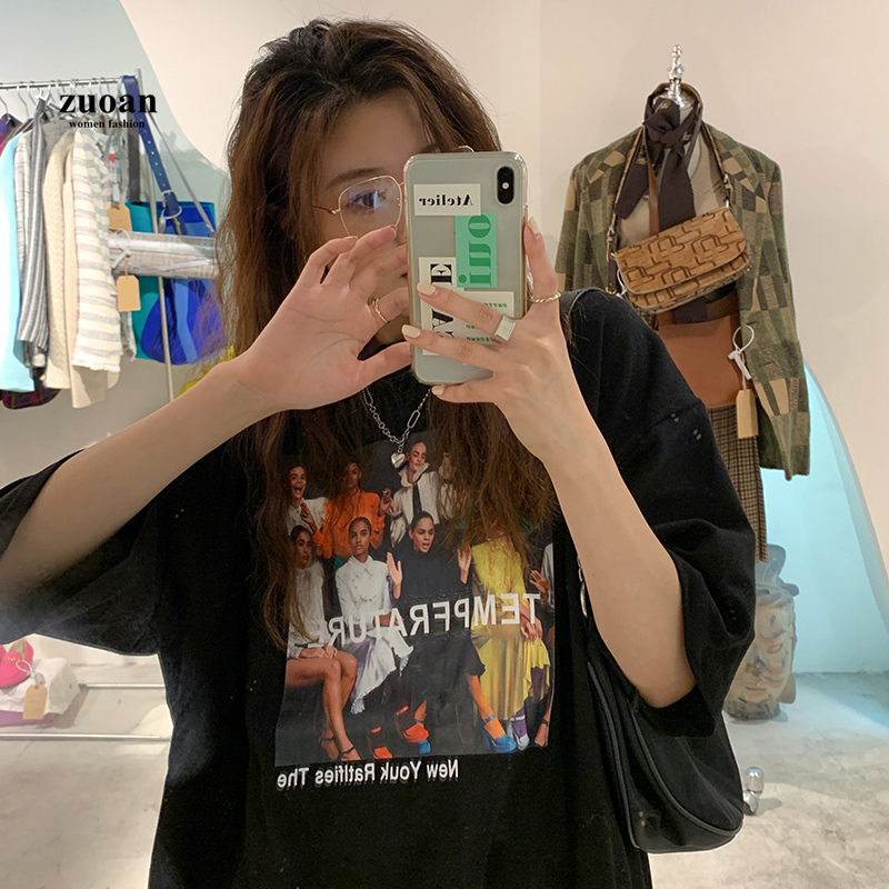 SUXI Áo thun lửng tay ngắn in họa tiết hình ảnh cổ điển dành cho bạn nữ