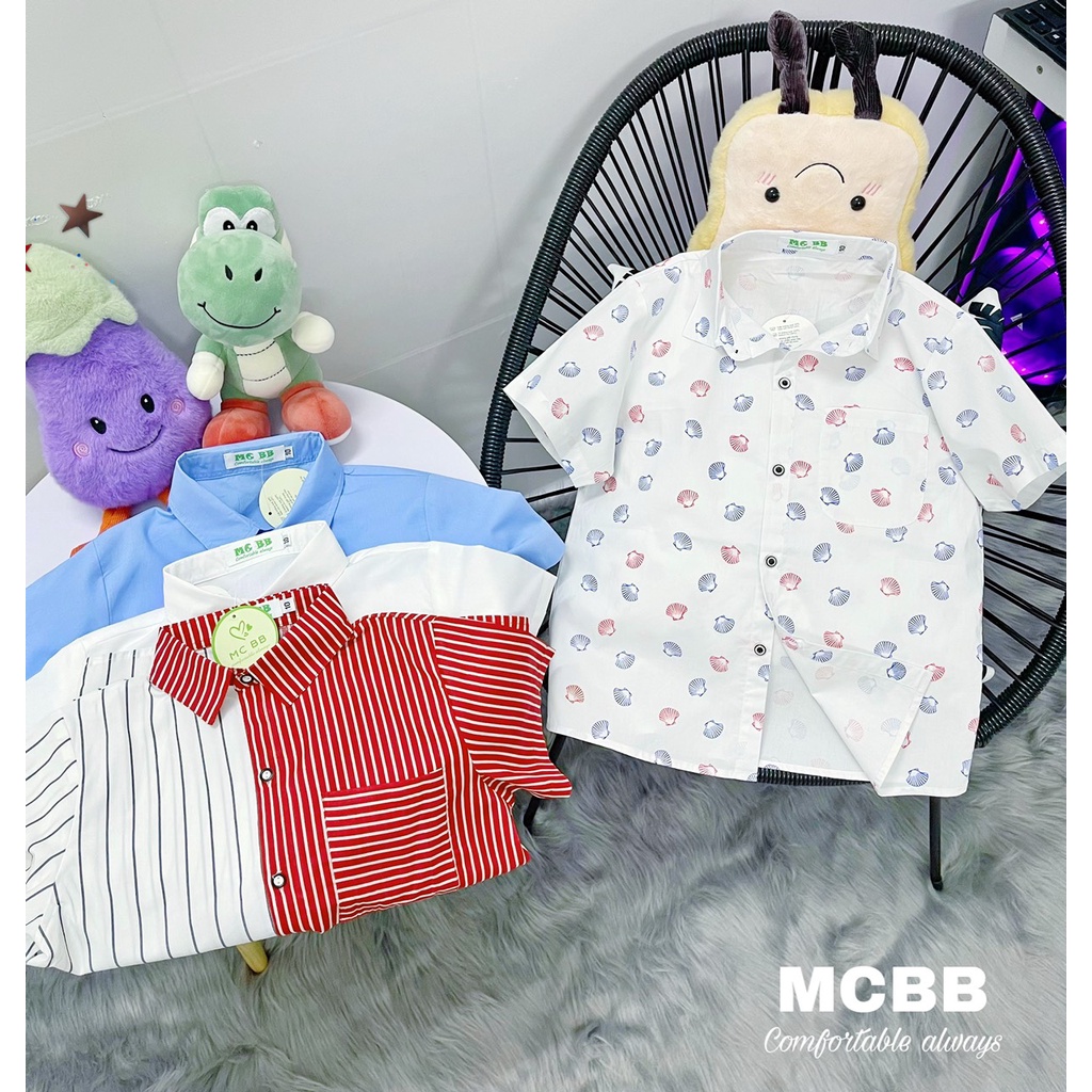 MCBB - 24-49 Kg Vải Kate Áo Sơ Mi Bé Trai Áo Cộc Tay Bé Trai Kẻ Sọc Ngắn Tay Trắng Xanh Đỏ Áo Trẻ Em Nam Từ 1 - 16 Tuổi