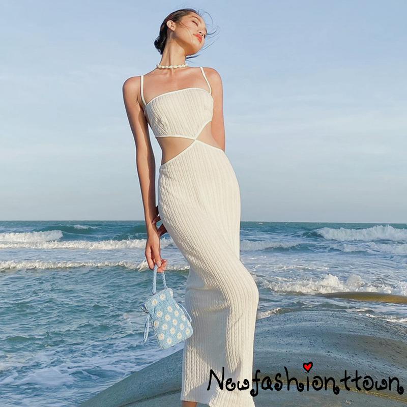 Đầm Hai Dây Dáng Dài Hở Lưng Màu Trơn Thời Trang Mùa Hè Dành Cho Nữ