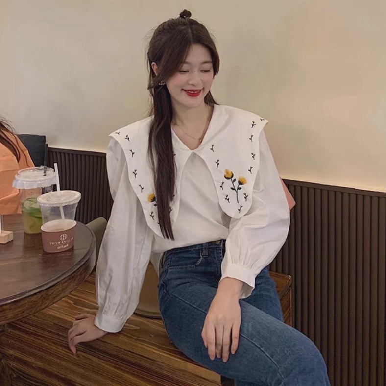 Áo sơ mi thêu hoa vitage hàng mới_007 ulzzang babydoll bánh bèo nội y xanh