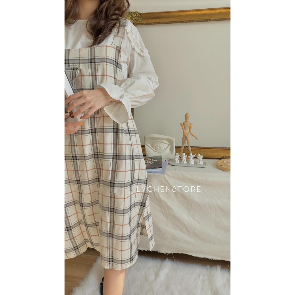 Set đầm yếm caro + áo trắng ( dominic set )