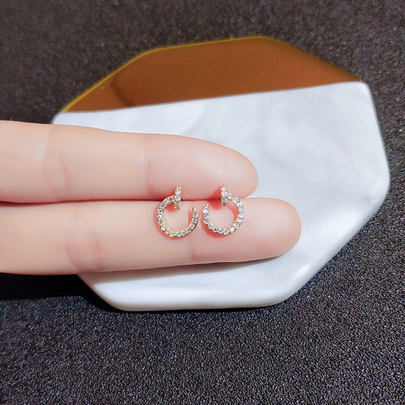 [Jiudolan] Bông Tai Kim Tròn Màu Vàng / Bạc Đính Kim Cương Nhân Tạo Tinh Tế Đơn Giản Dễ Phối Đồ