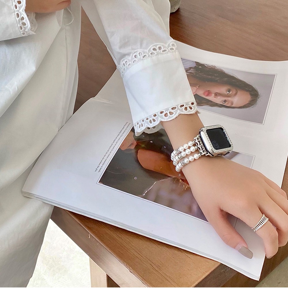 Dây Đeo Đồng Hồ Bằng Thép Không Gỉ Đính Hạt Kim Cương Giả Cho iWatch 41mm 45mm 40mm 44mm 38mm 42mm 8 7 SE 6 5 4 3 2 1