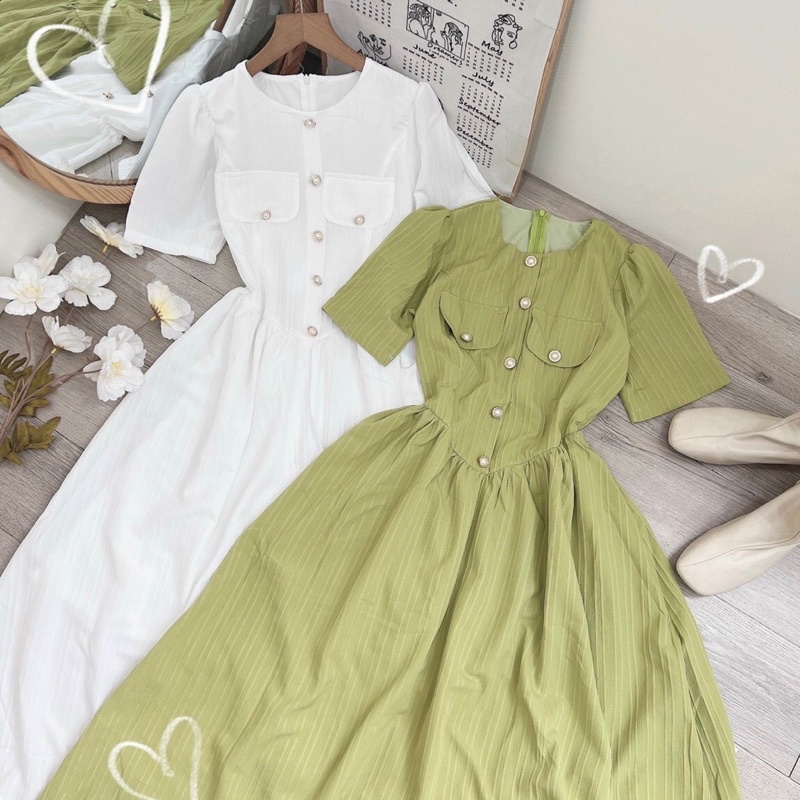 Đầm xoè❤️Đầm xoè cổ tròn túi đắp kèm nút