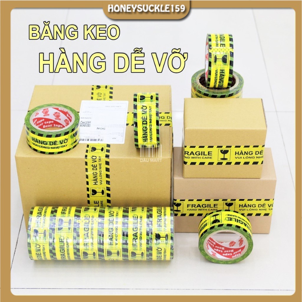 Băng Dính Logo (Vàng) In Chữ HÀNG DỄ VỠ XIN NHẸ TAY/Băng Keo Hàng Dễ Vỡ Cảnh Báo Vận Chuyển Giá Rẻ