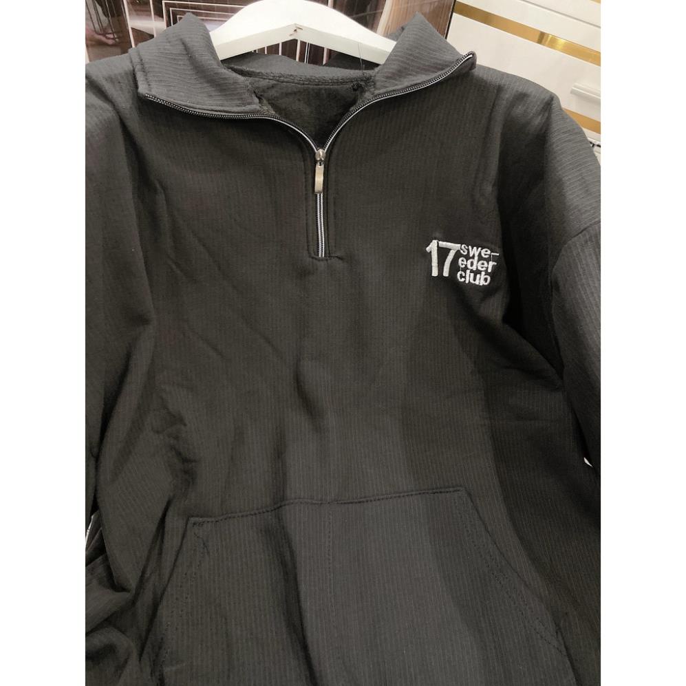 Poloi Dài Tay Sweater Dáng Rộng Thêu Số 17 Nam Nữ Cổ Khóa Tay Bồng Dáng Rộng Unisex