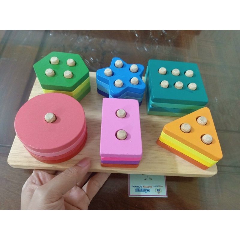 Đồ Chơi Gỗ Montessori Bộ Thả Cọc 6 Hình Khối Màu Sắc Cho Bé Phát Triển Trí Tuệ