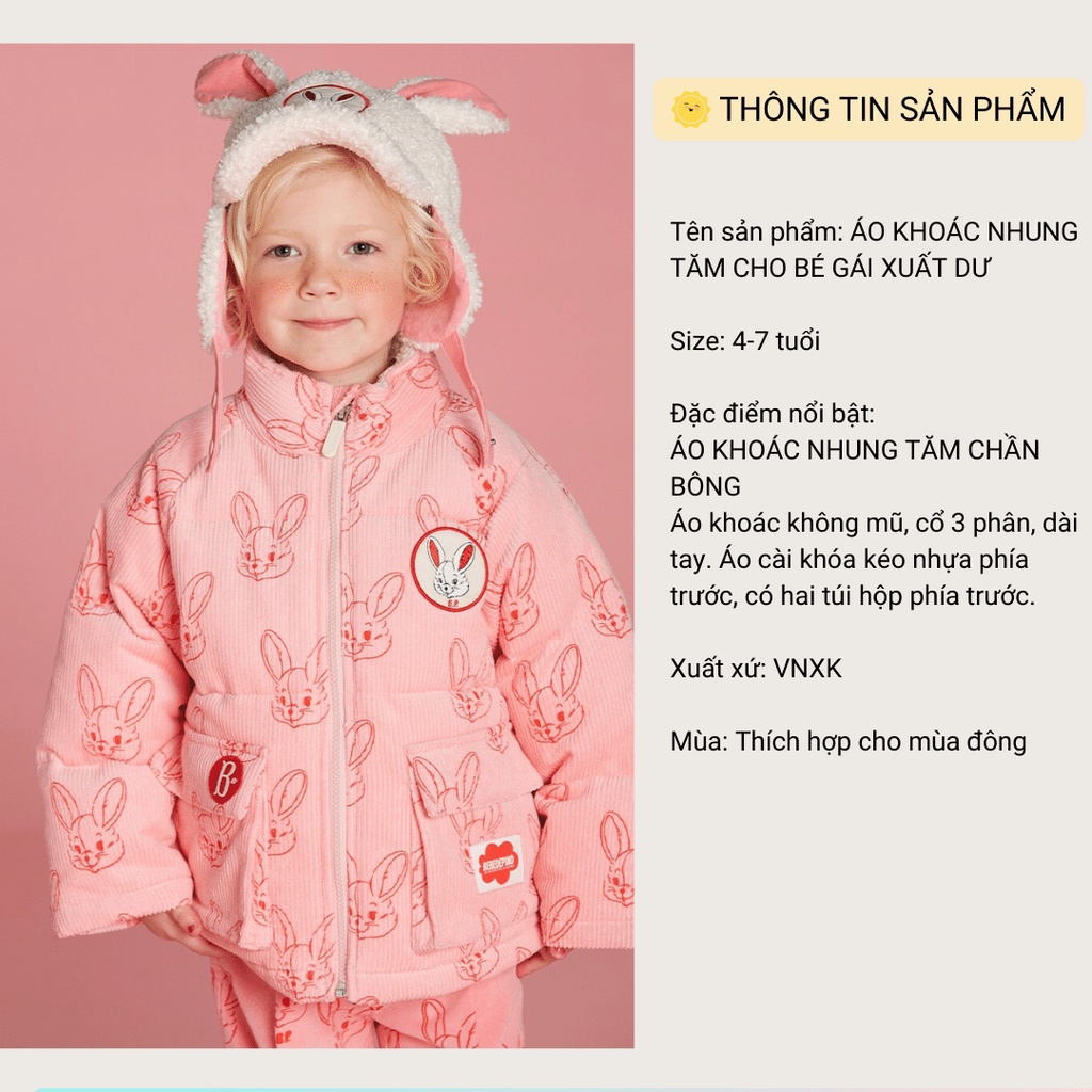 Áo khoác cho bé gái Bebe De Pino áo khoác nhung tăm xuất Hàn cho bé 4-7 tuổi-DA2311