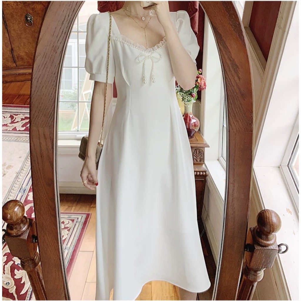 Váy đầm màu trắng kem cổ điển vintage dáng xòe công sở đi tiệc thanh lịch hàng thiết kế đủ size s m l | BigBuy360 - bigbuy360.vn