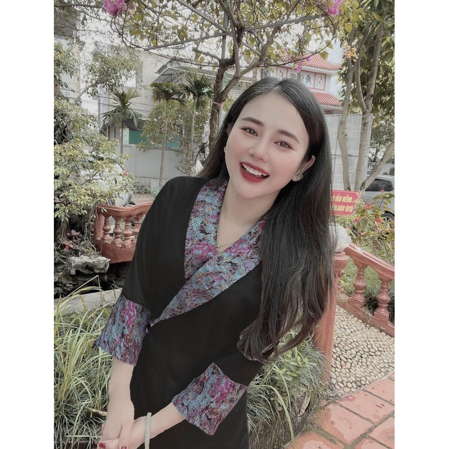 Bộ lam lụa gấm đi chùa, bộ phật tử viền phối gấm cài chéo tay lỡ cao cấp