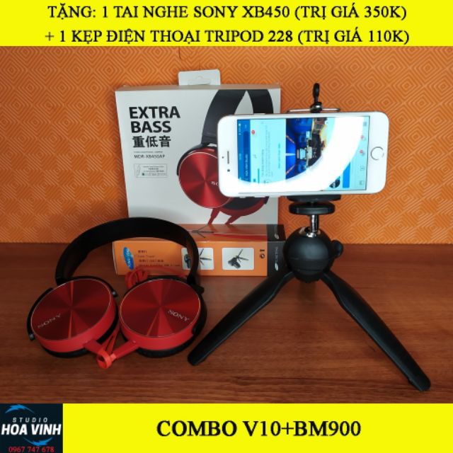 Combo livestream mic Woaichoang BM-900 soundcard V10 bluetooth tặng tai nghe kẹp điện thoại