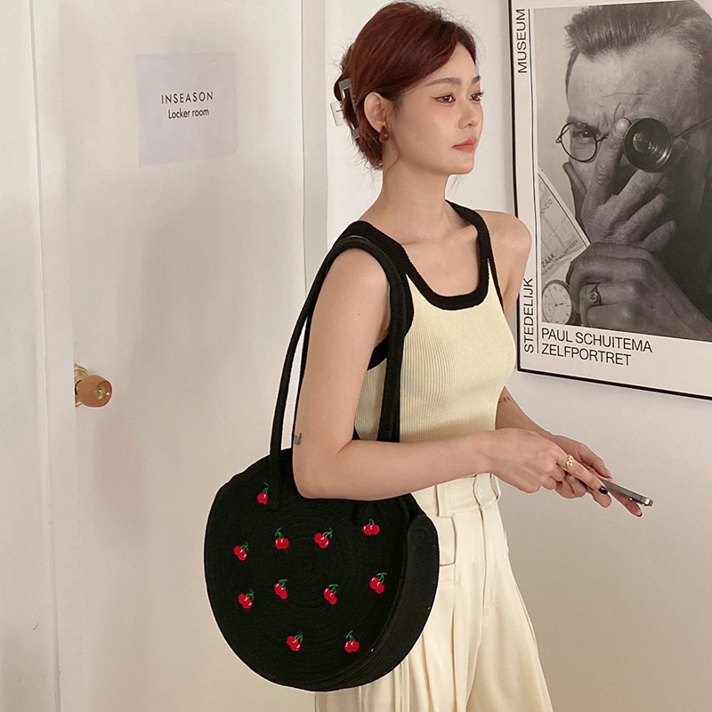 Túi vai mới của Hàn Quốc Ins phong cách thêu anh đào tròn tote túi Công suất lớn Túi xách nữ