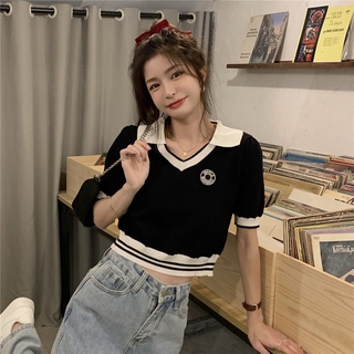 Áo Croptop Dệt Kim Ngắn Tay Có Cổ Thời Trang Cho Nữ 5011