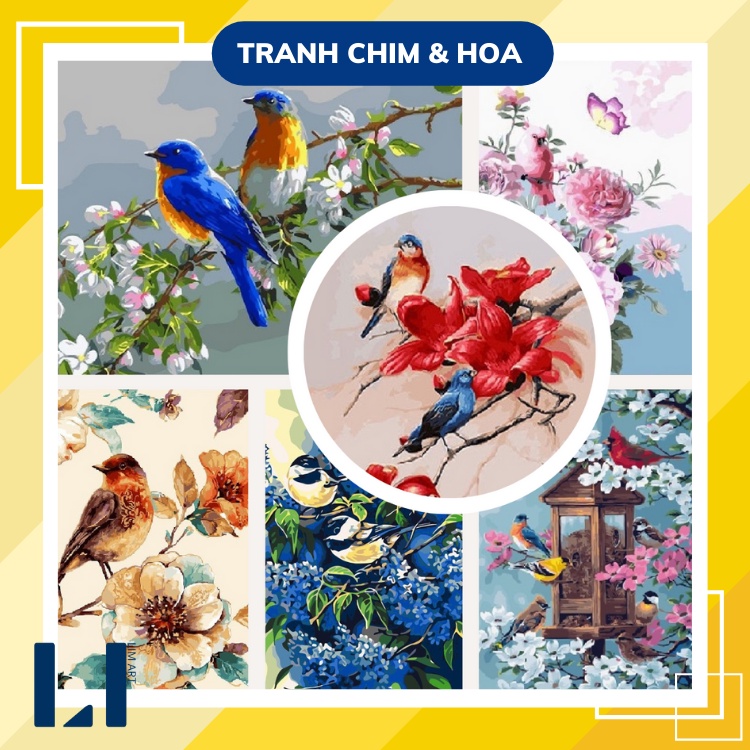 Tranh sơn dầu số hoá có khung LIM Art - Tranh tô màu theo số chim và hoa