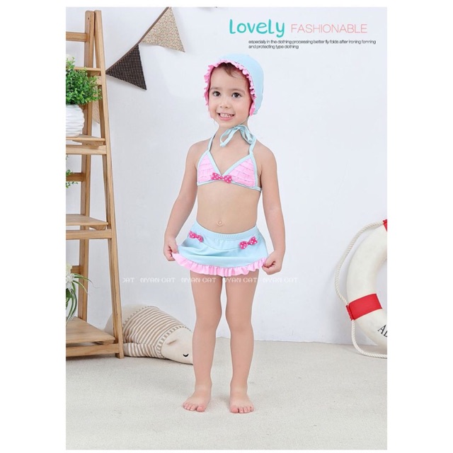 Đồ bơi bikini cho bé nơ xanh hồng kèm mũ