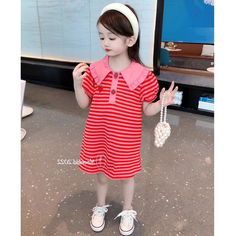 Váy bé gái vải thô cao cấp cổ trắng thêu tim thiết kế khóa lưng dáng xòe