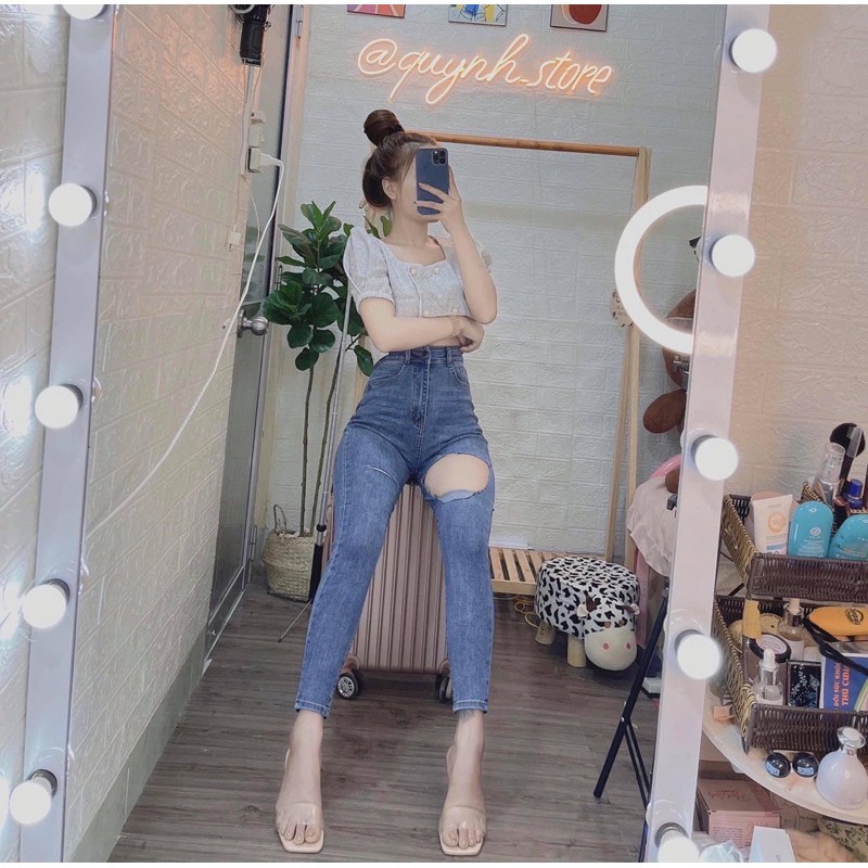 Quần jean nữ lưng cao rách gối co giãn,quần bò nữ dáng ôm chất jeans đẹp phong cách hàn