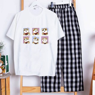 Sét Bộ Đồ Quần Ống Rộng Kẻ Caro Đen + Áo Phông Trắng Nữ Mặc Ở Nhà Đi Chơi In Họa Tiết 3D Chú Mèo Cute MEOT375-keden2