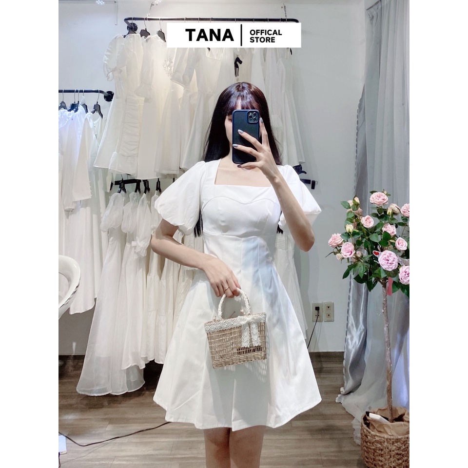 Váy đi tiệc TANA D405 váy cổ vuông tay bồng xếp ly màu trắng và màu nude mặc đi tiệc, hàng ngày, đi chơi