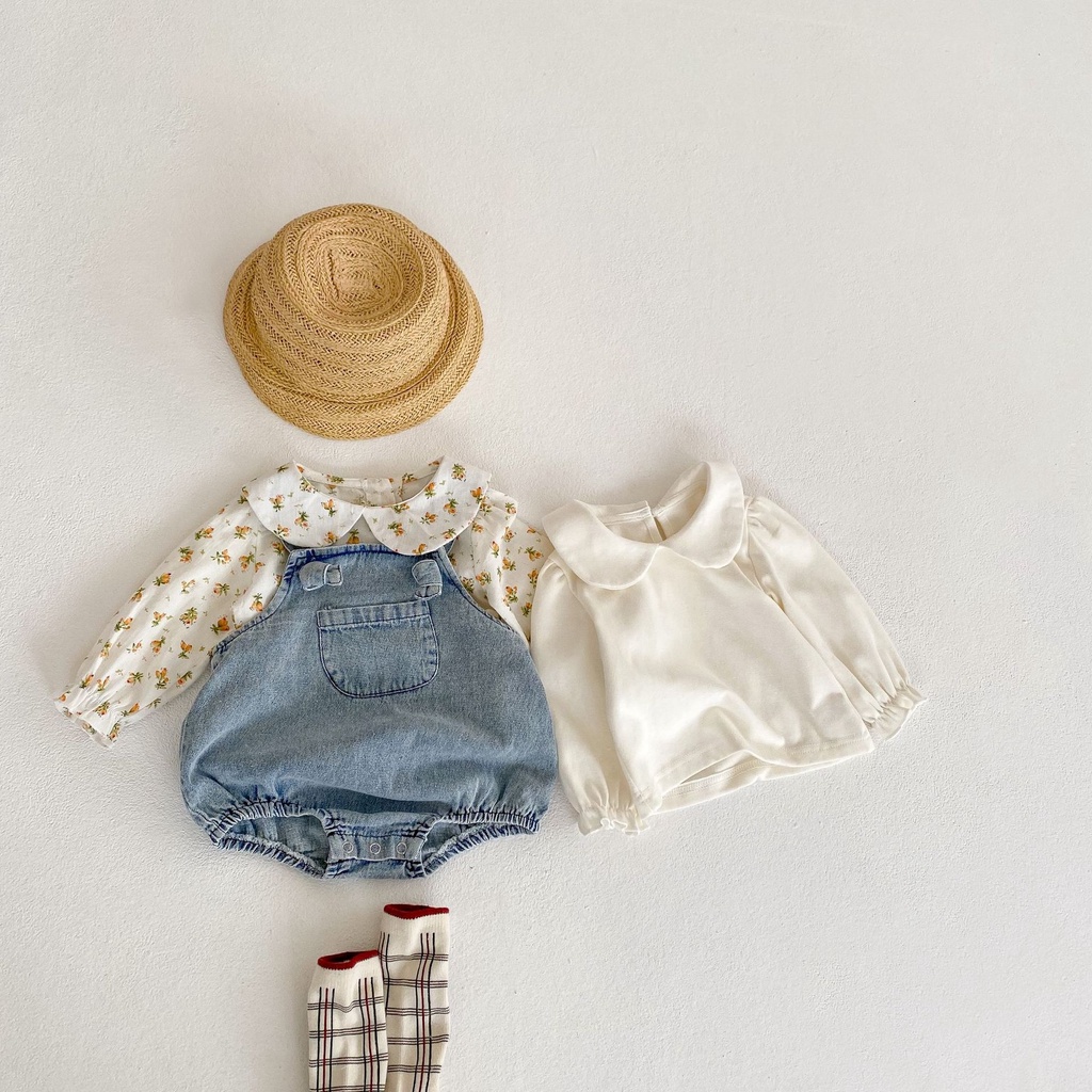 Set Áo Sơ Mi Tay Dài Cổ Búp Bê Phối Quần Yếm Denim Có Túi Lớn Thời Trang Mùa Thu 2022 Cho Bé Gái