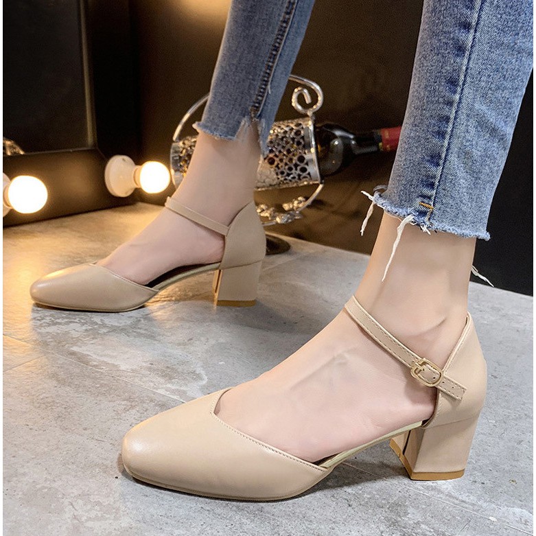 Giày búp bê mũi tròn đế vuông 4,5cm quai NGANG mảnh kín gót dễ thương mùa hè 2021 cục êm chân GBB-03