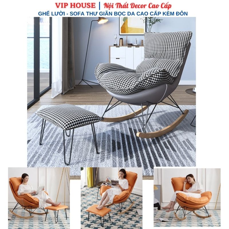 Ghế Thư Giãn Bọc Da 💫 Sofa Lười Đọc Sách Bập Bênh Kèm Đôn Khung Thép Chân Gỗ Bạch Dương GHT001