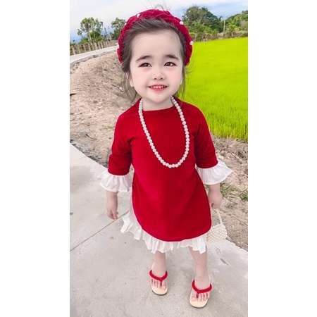 sét áo dài nhung 4 món cho bé ( áo- chân váy- cài tóc và dây chuyền)