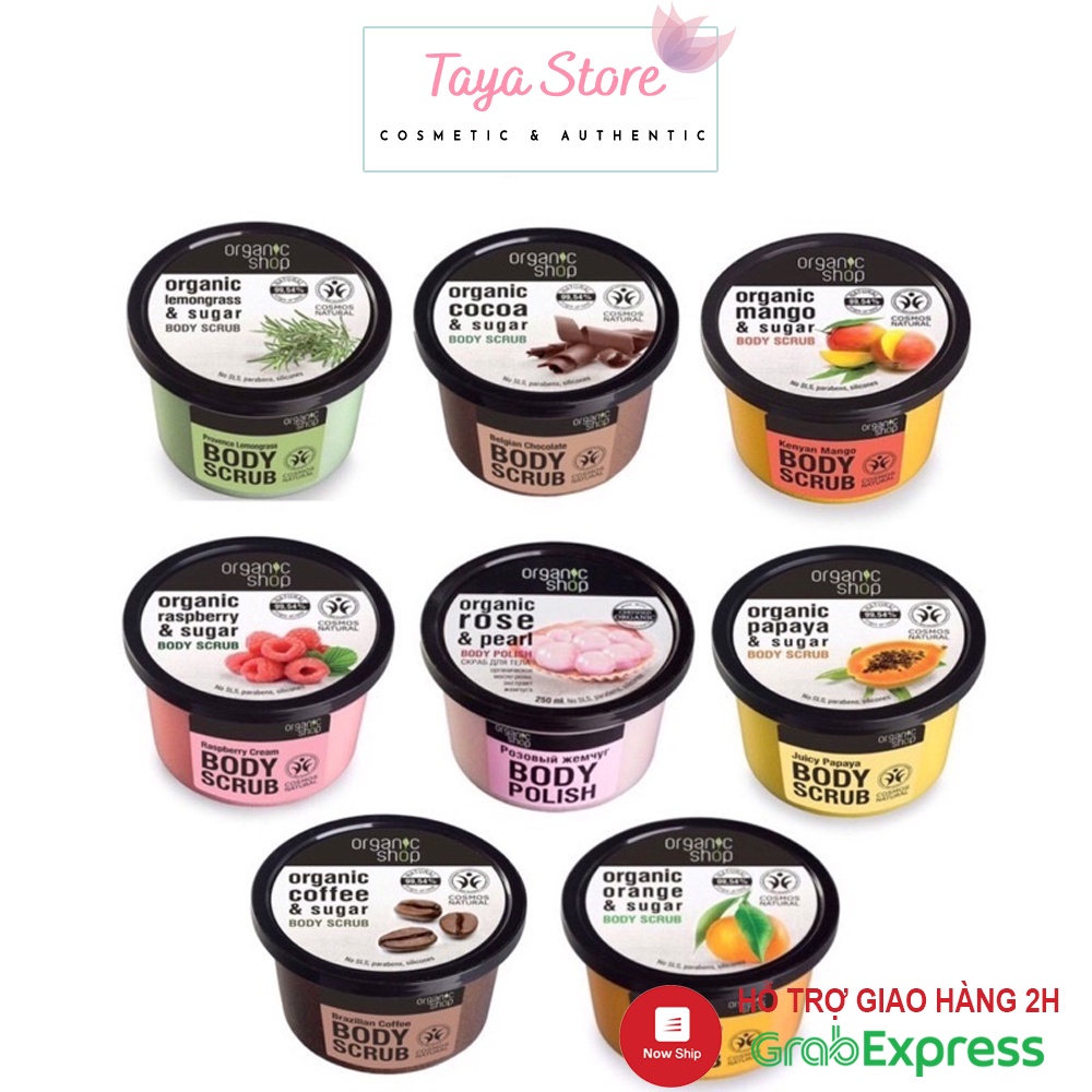 Tẩy da chết body Organic Shop Hương Mật Ong Quế, Hoa Hồng và Cỏ Chanh Body Scrub 250ml Made in EU Estonia