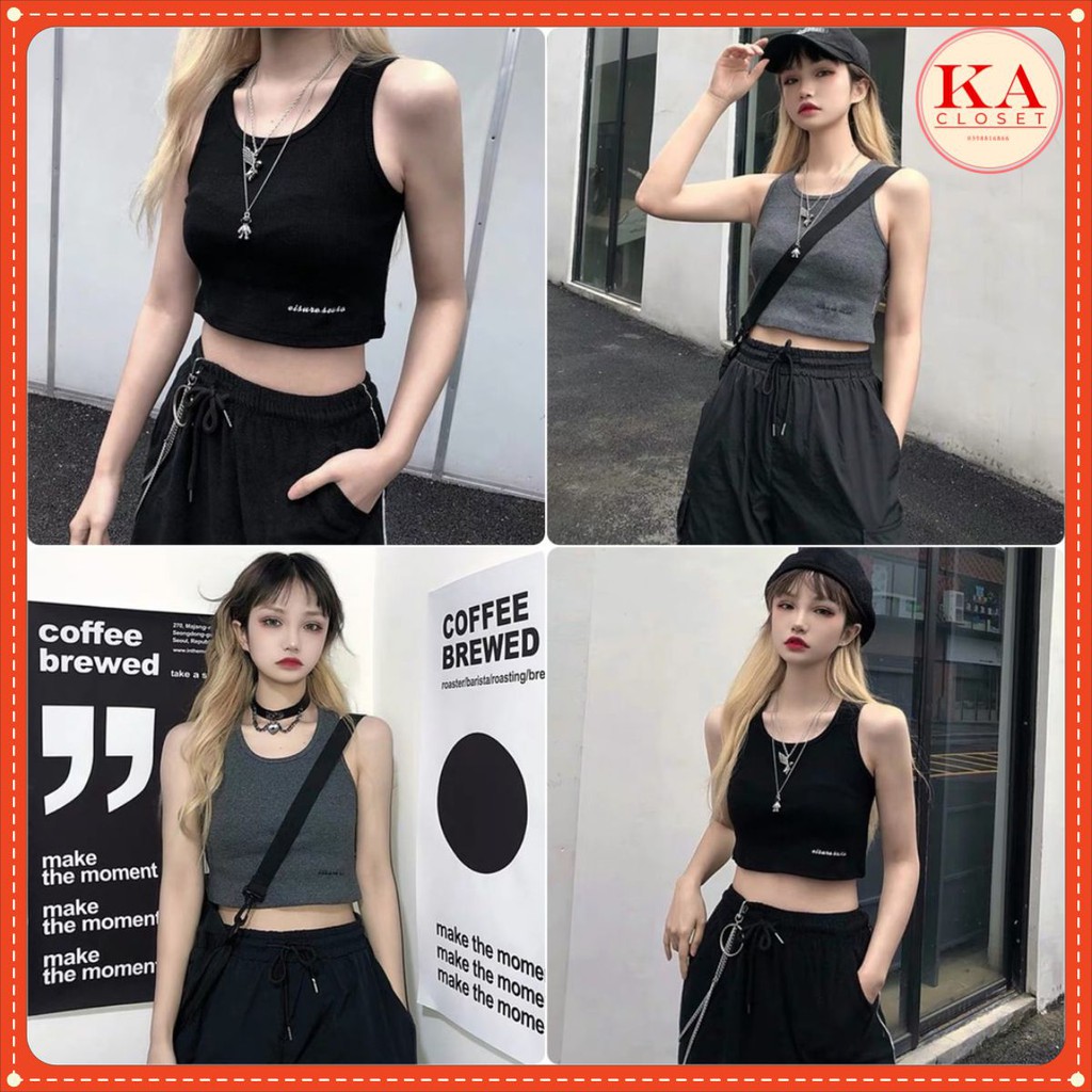 [Mã FAMAYWA giảm 10K đơn 50K] Áo ba lỗ thêu cạnh KA Closet 2 màu Đen, Xám đậm, chữ thêu, chất zip cotton