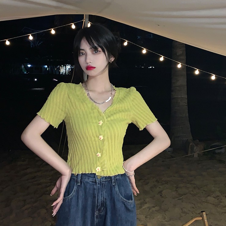 Áo Croptop Tay Ngắn Cổ Chữ V Màu Trơn Thời Trang Đáng Yêu Cho Nữ