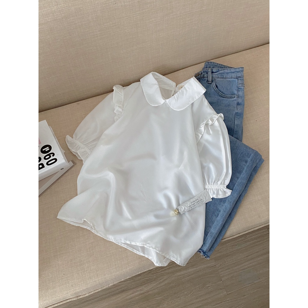 Áo sơ mi trắng nữ cổ sen dài tay màu trắng đẹp, Sơ mi kiểu bánh bèo tiểu thư Hàn Quốc Rubyshop94