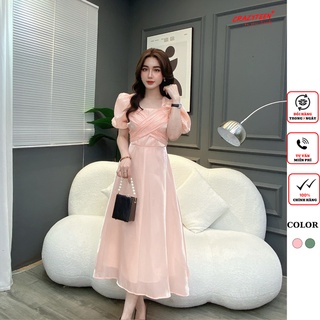 Đầm midi nữ CRAZYTEEN tay bí cổ vuông phối nơ dáng a dài sang trọng D0277