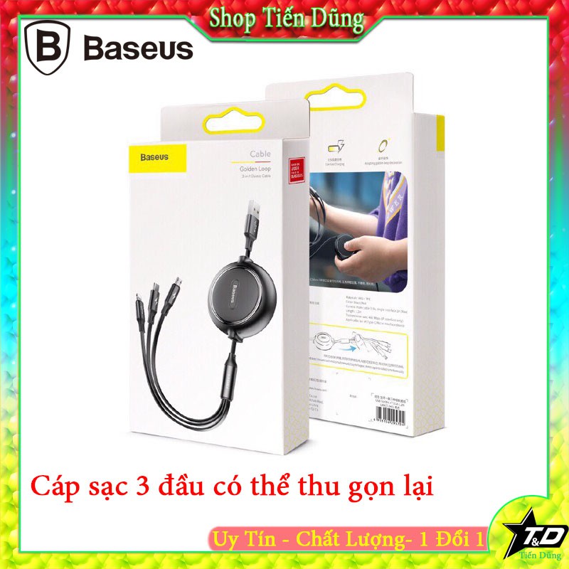 Cáp sạc nhanh Baseus 3 in 1 sạc cho các tất cả các điện thoại có thể rút ra rút vào được thu gọn được.