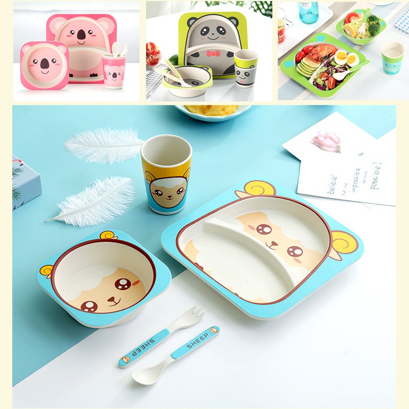 Bộ Dụng Cụ Ăn Uống Bằng Sợi Tre Họa Tiết Khủng Long Hoạt Hình Cho Bé