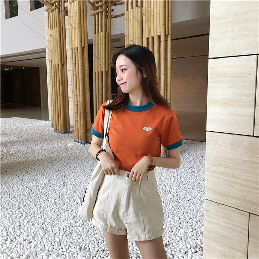 Áo Thun cotton Croptop Ngắn Tay In Họa Tiết Tương Phản Cá Tính - 27220