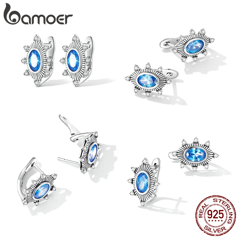 Cặp bông tai BAMOER bằng bạc 925 đính đá màu xanh dương thời trang