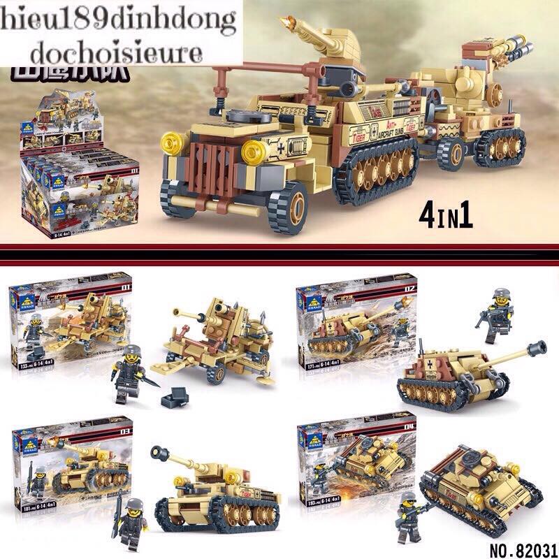 Lắp ráp xếp hình lego 82031: (4in1) Xe tank xe pháo của quân đội (ảnh thật) (Khách chat chọn mẫu)