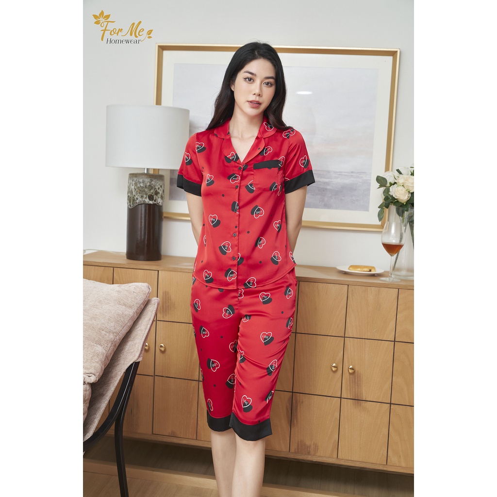 Bộ mặc nhà lụa giấy Luxury dáng lửng họa tiết Trái Tim Đỏ 32, forme pijamas