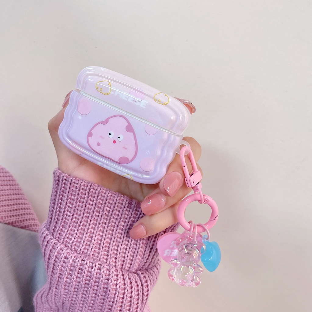 Vỏ Bảo Vệ Hộp Sạc Tai Nghe Bluetooth airpods 1 2 3 pro Bằng tpu Mềm Hình Phô Mai Màu Hồng Imd Có Dây Đeo