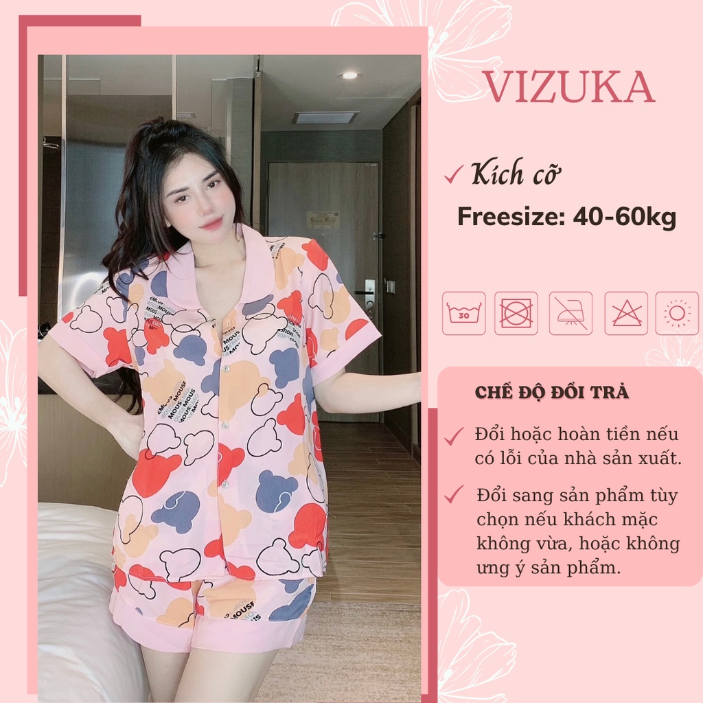 Đồ bộ pijama lụa đùi nữ mặc nhà bigsize họa tiết cổ sen dễ thương chất liệu mango cao cấp VIZUKA