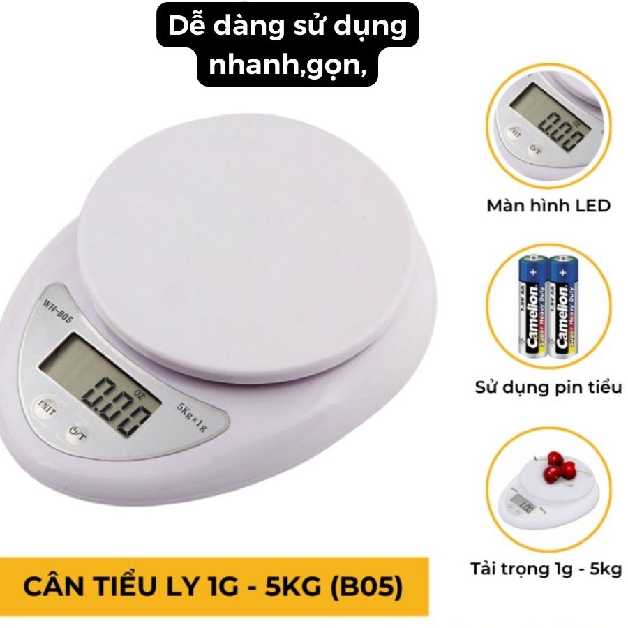 Cân Tiểu Ly Điện Tử Nhà Bếp Mini Định Lượng 1g - 5Kg Làm Bánh Độ Chính Xác Cao Tặng Kèm 2 Pin AAA