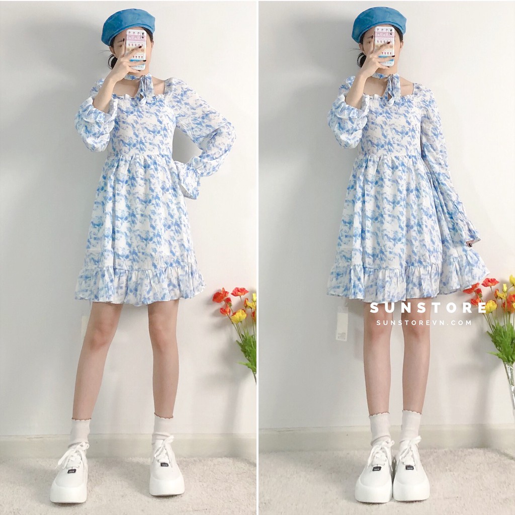 Đầm hoa nhí dáng ngắn mini váy xoè tay dài nữ họa tiết xanh trắng